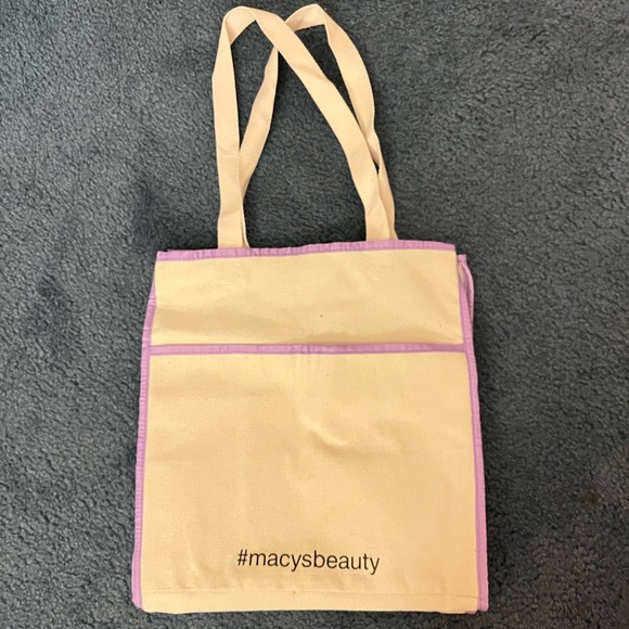 Macy’s Beauty Purple Beige Medium Canvas Pockets Tote Bag - Picture 1 of 3